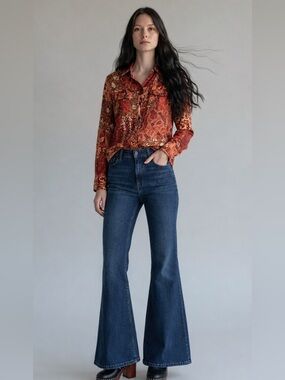 Lucky Brand 100% Silk Boho Patchwork Print Shirt Size S Long Sleeve Button Front
